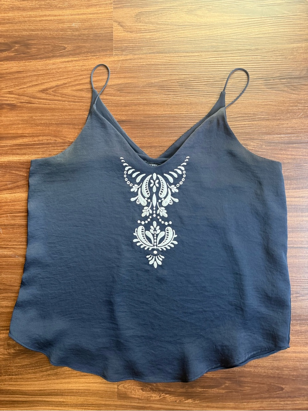 Express Navy V-Neck Cami with White Embroidered Front